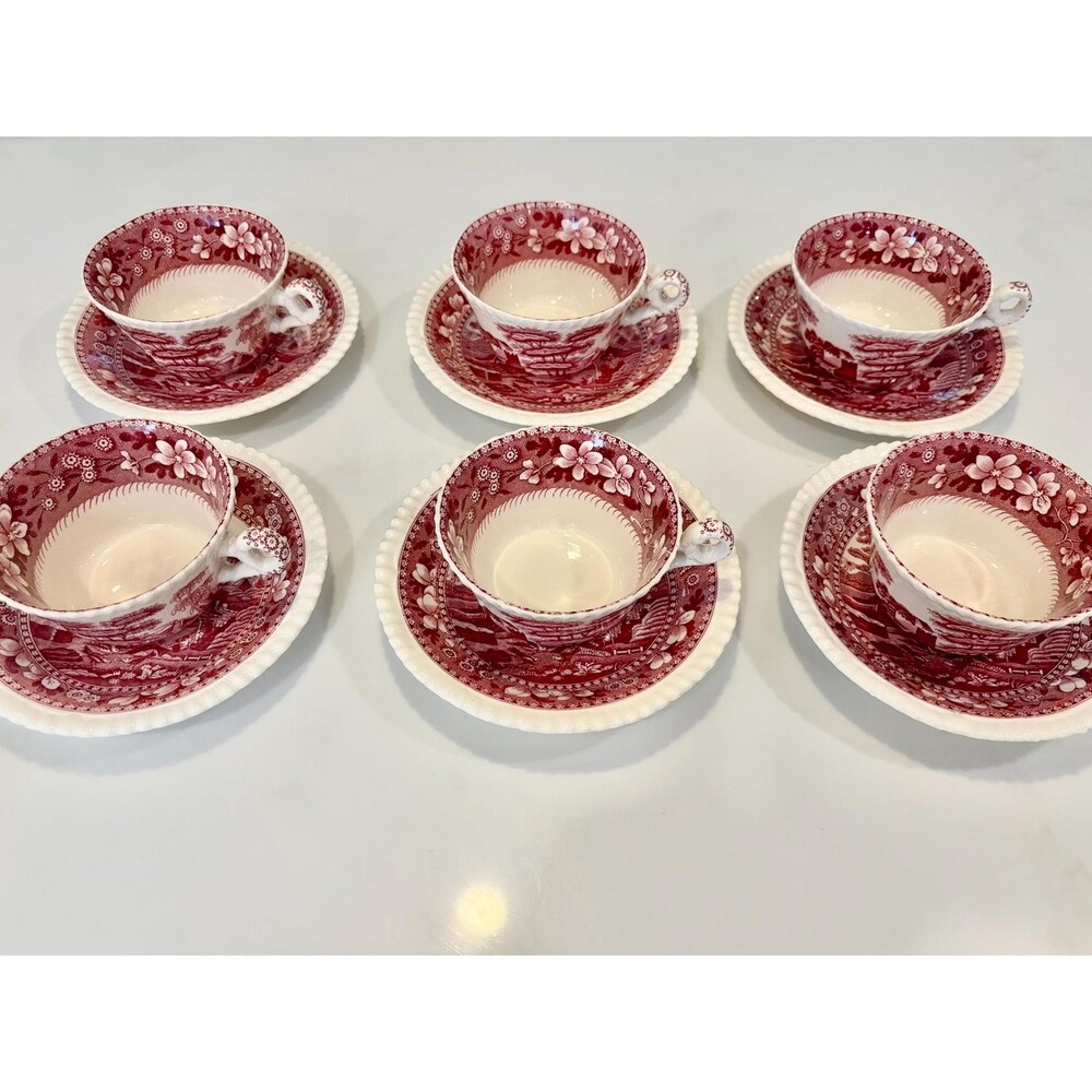 Set of 6 Antique Copeland Spode Pink-Red Tower Teacups & Saucers, c. 1891-1920